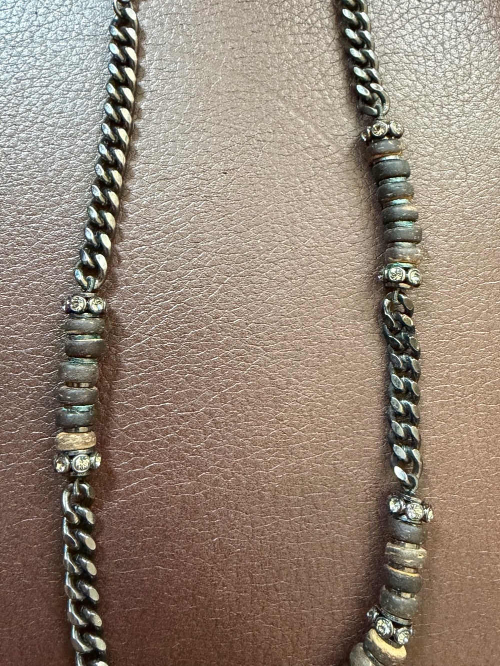 Vintage Givenchy Black Cuban Link Rhinestone Wood Disc Necklace 18”